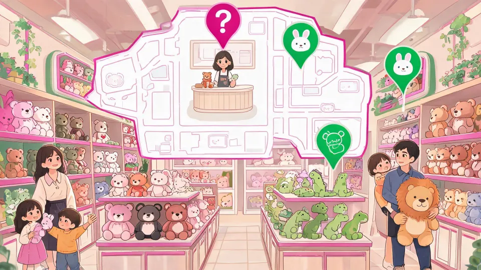 Illustrated Build A Bear contact map and toy store desk