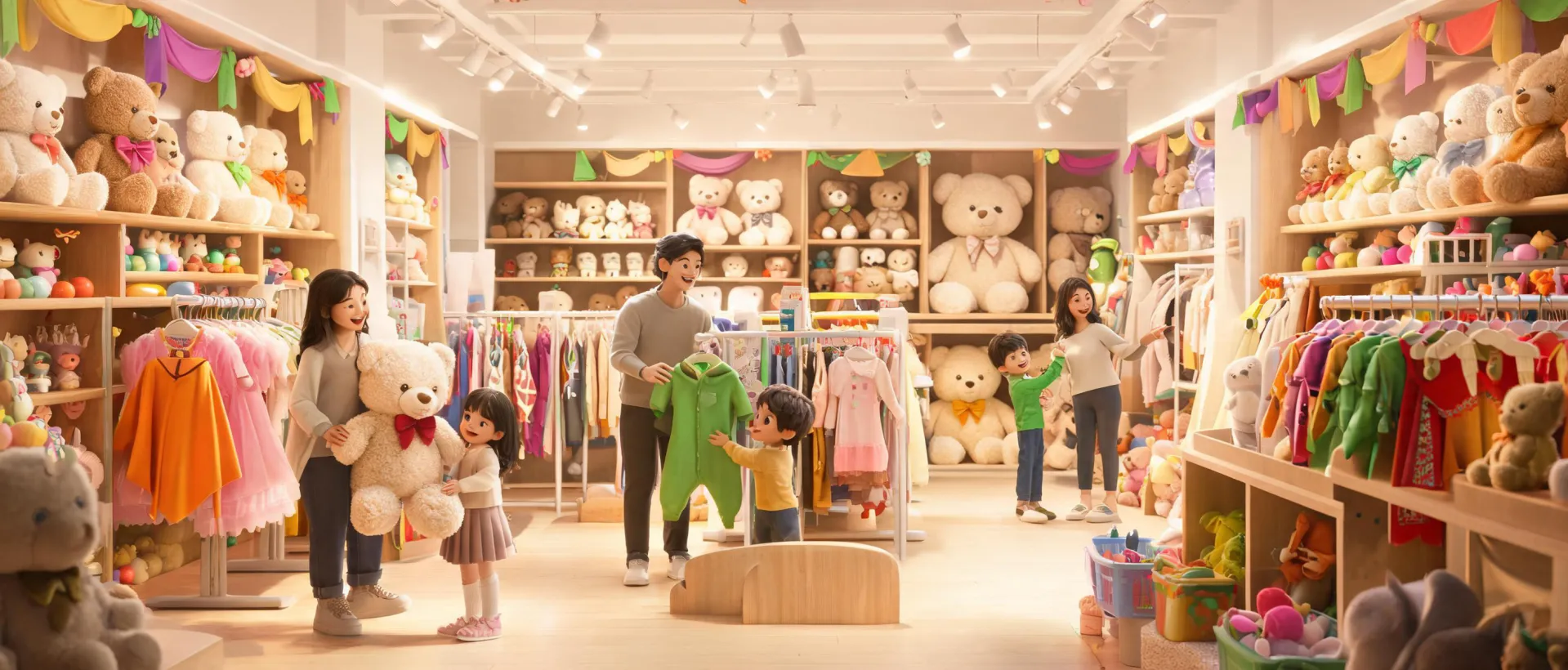 Children choosing plush friends in a colorful toy workshop