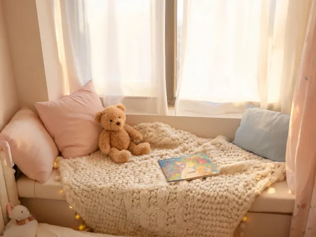 Bedtime plush friend on a cozy blanket