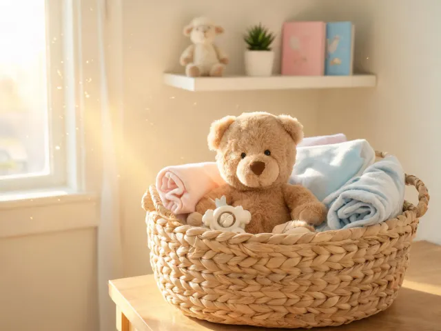 A plush bear in a newborn gift basket