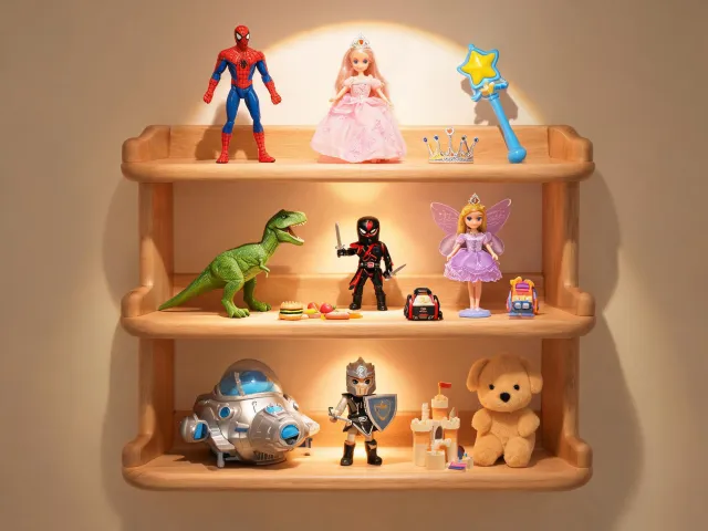Collectible toy figures on a display shelf