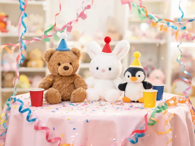 Birthday table with plush characters and party hats