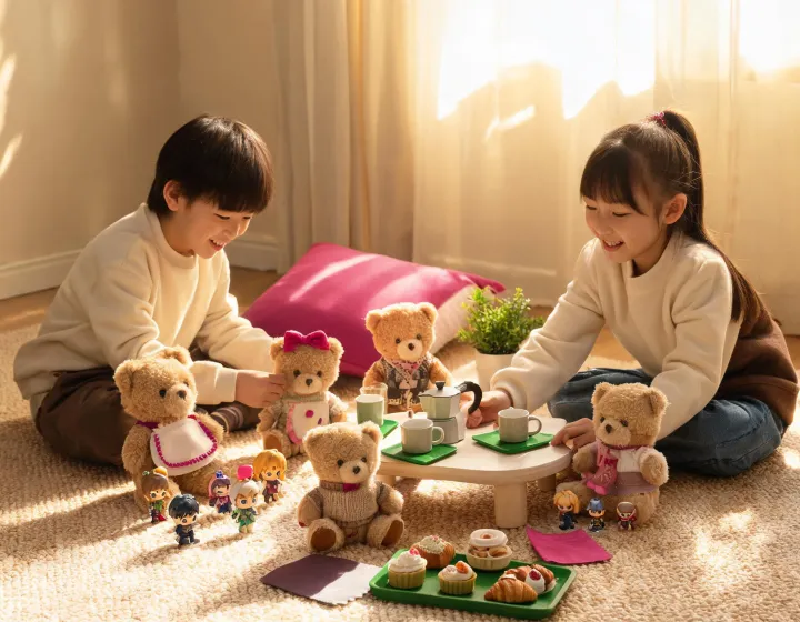 Children arranging plush toys into a pretend play scene