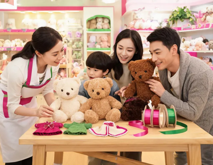 Toy advisor helping a family compare plush gifts